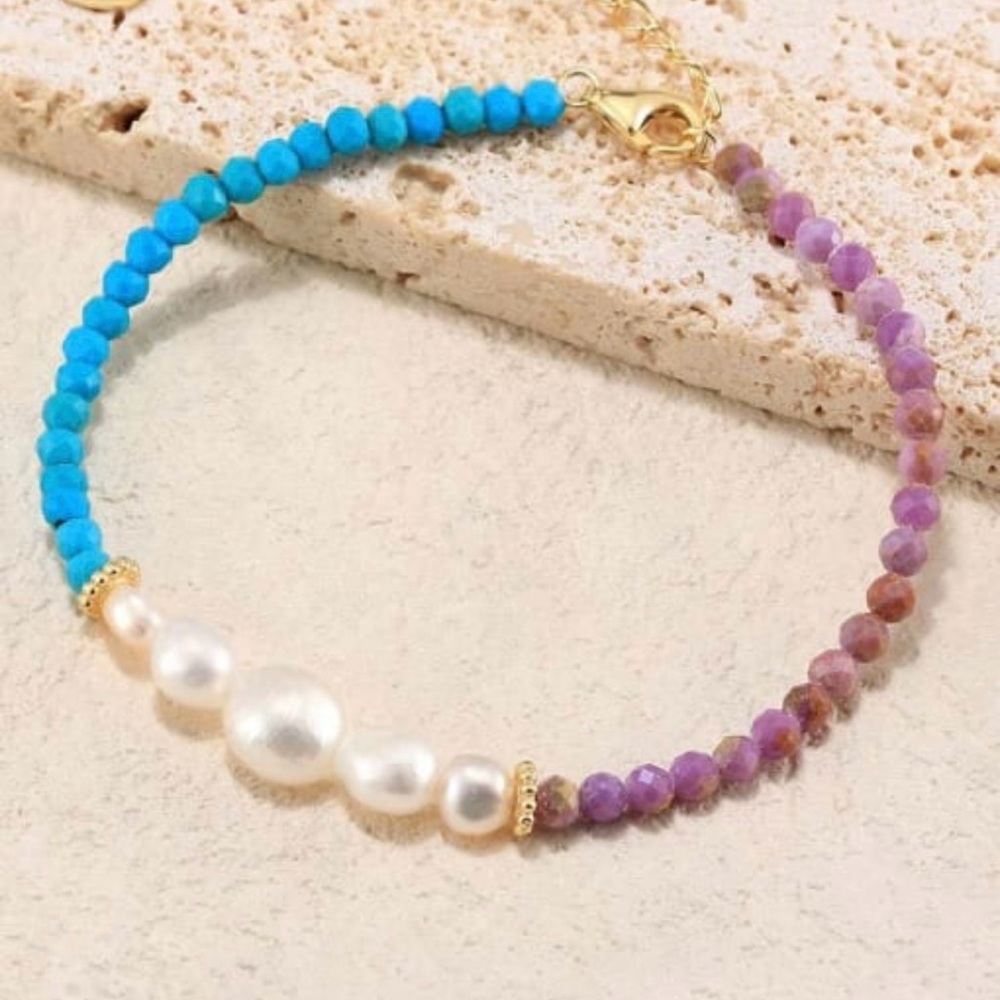 925 Sterling Silver Natural Stone Geometric Vintage Beaded bracelet E8-2328